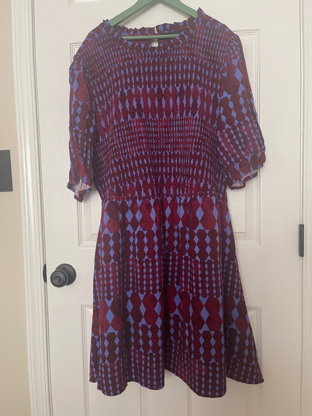 NWOT...Sugarlips Burgundy and Periwinkle Geometric Smocked Mini Dress
